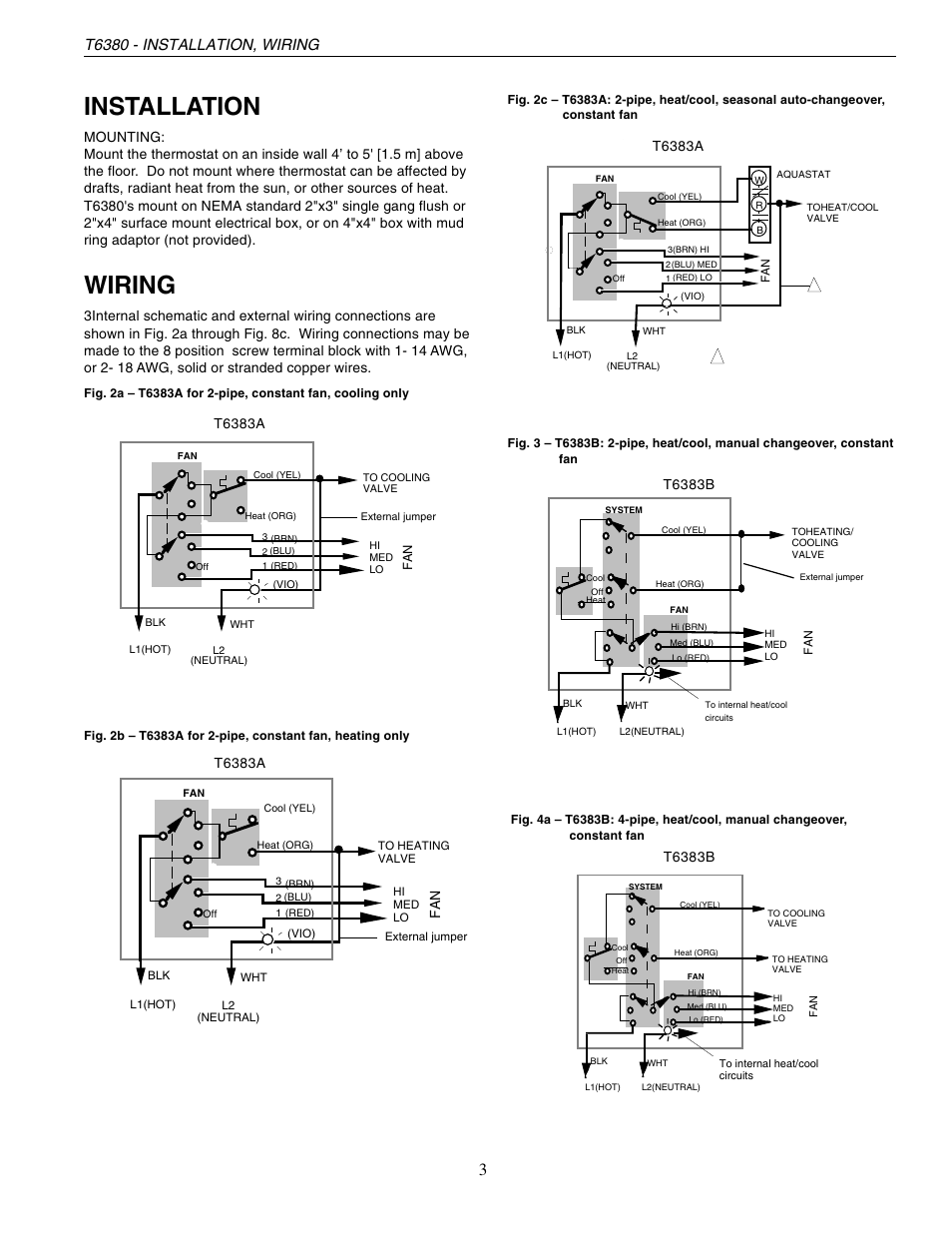 Installation, Wiring, T6380 - installation, wiring | T6383a, T6383b | Honeywell T6380 User Manual | Page 3 / 6