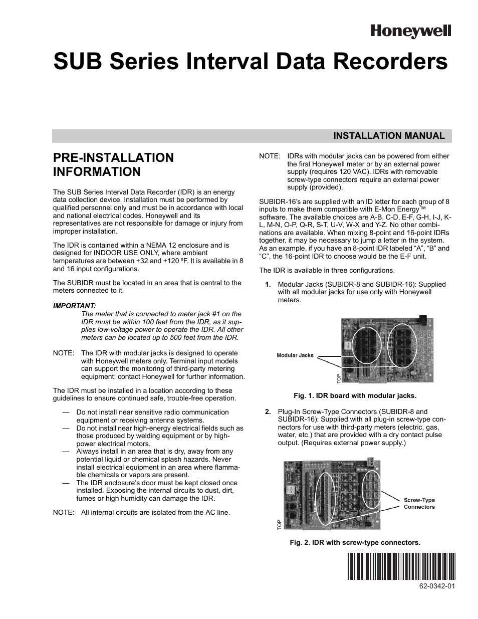Honeywell SUB Series Interval Data Recorders 62-0342-01 User Manual | 16 pages