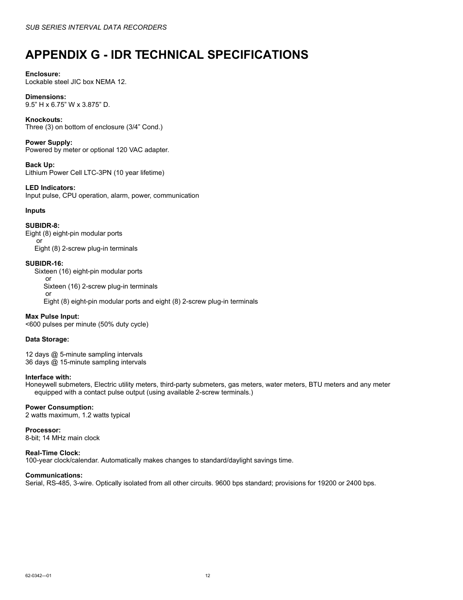 Appendix g - idr technical specifications | Honeywell SUB Series Interval Data Recorders 62-0342-01 User Manual | Page 12 / 16