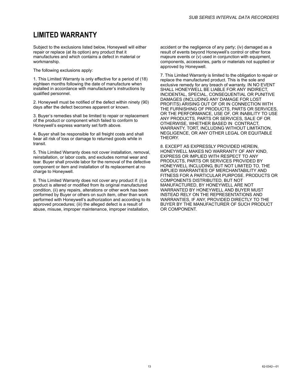 Limited warranty | Honeywell SUB Series Interval Data Recorders 62-0342-01 User Manual | Page 13 / 16