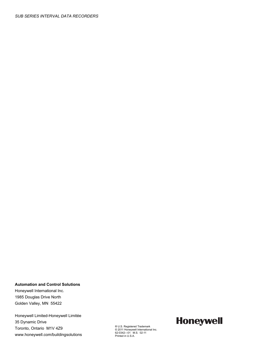Honeywell SUB Series Interval Data Recorders 62-0342-01 User Manual | Page 16 / 16