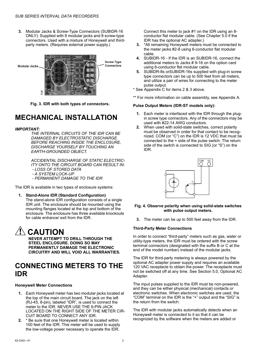 Mechanical installation, Connecting meters to the idr, Caution | Honeywell SUB Series Interval Data Recorders 62-0342-01 User Manual | Page 2 / 16