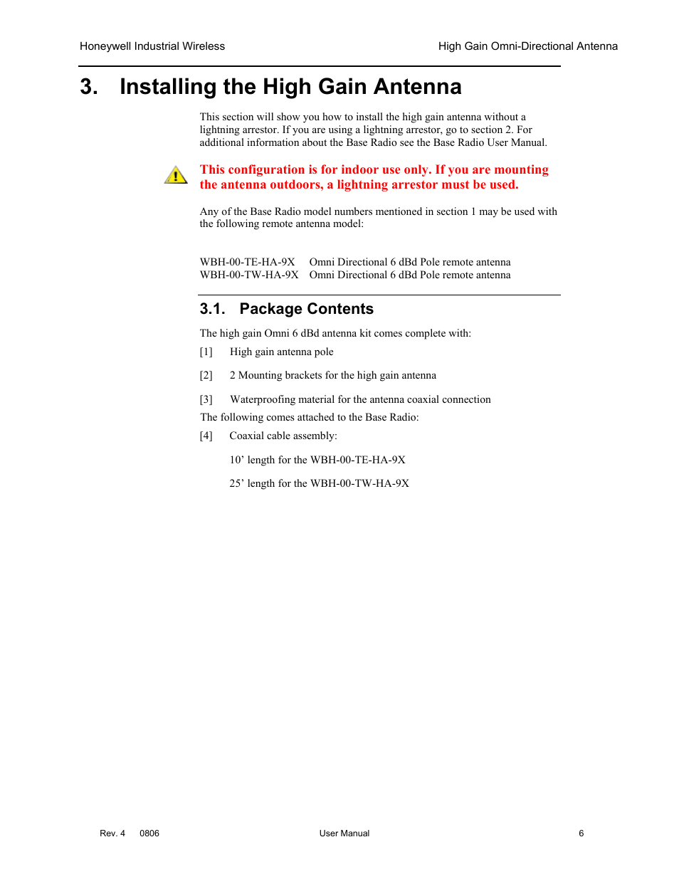 Installing the high gain antenna, Package contents | Honeywell High Gain Omni Directional Antenna User Manual | Page 10 / 16