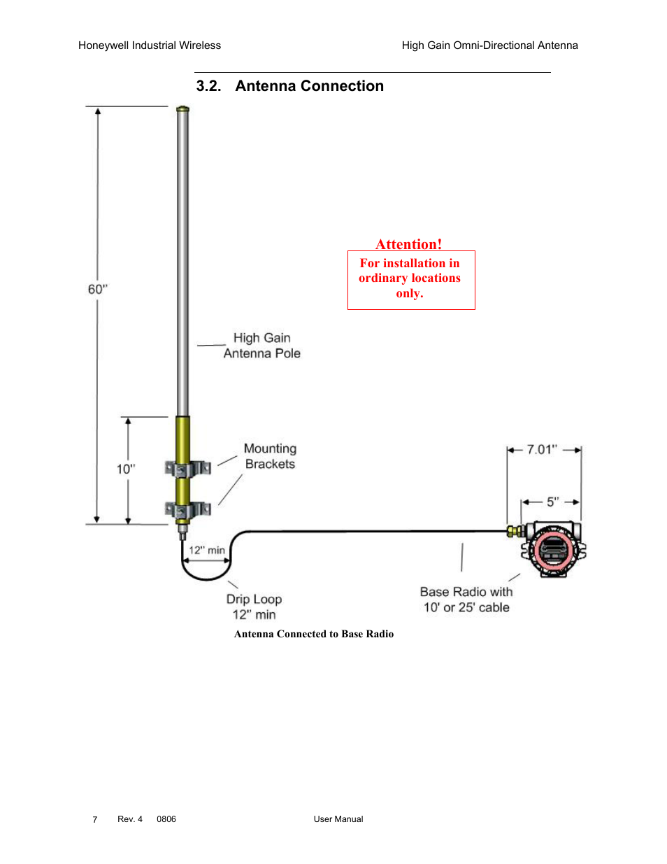 Antenna connection, Attention | Honeywell High Gain Omni Directional Antenna User Manual | Page 11 / 16