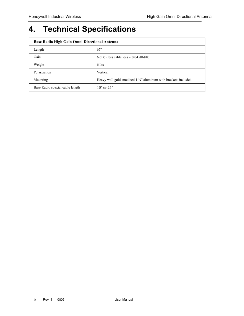 Technical specifications | Honeywell High Gain Omni Directional Antenna User Manual | Page 13 / 16