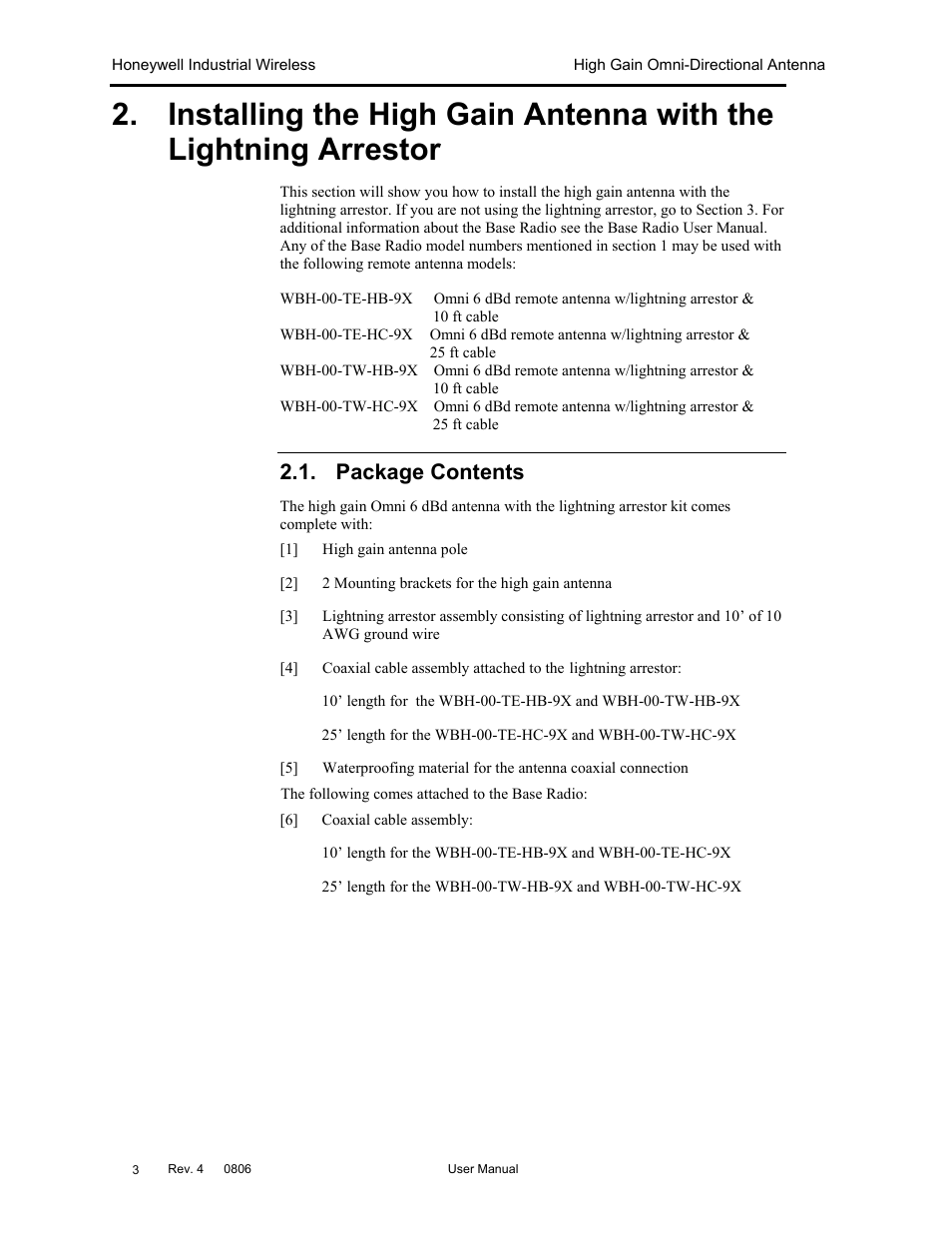 Package contents | Honeywell High Gain Omni Directional Antenna User Manual | Page 7 / 16