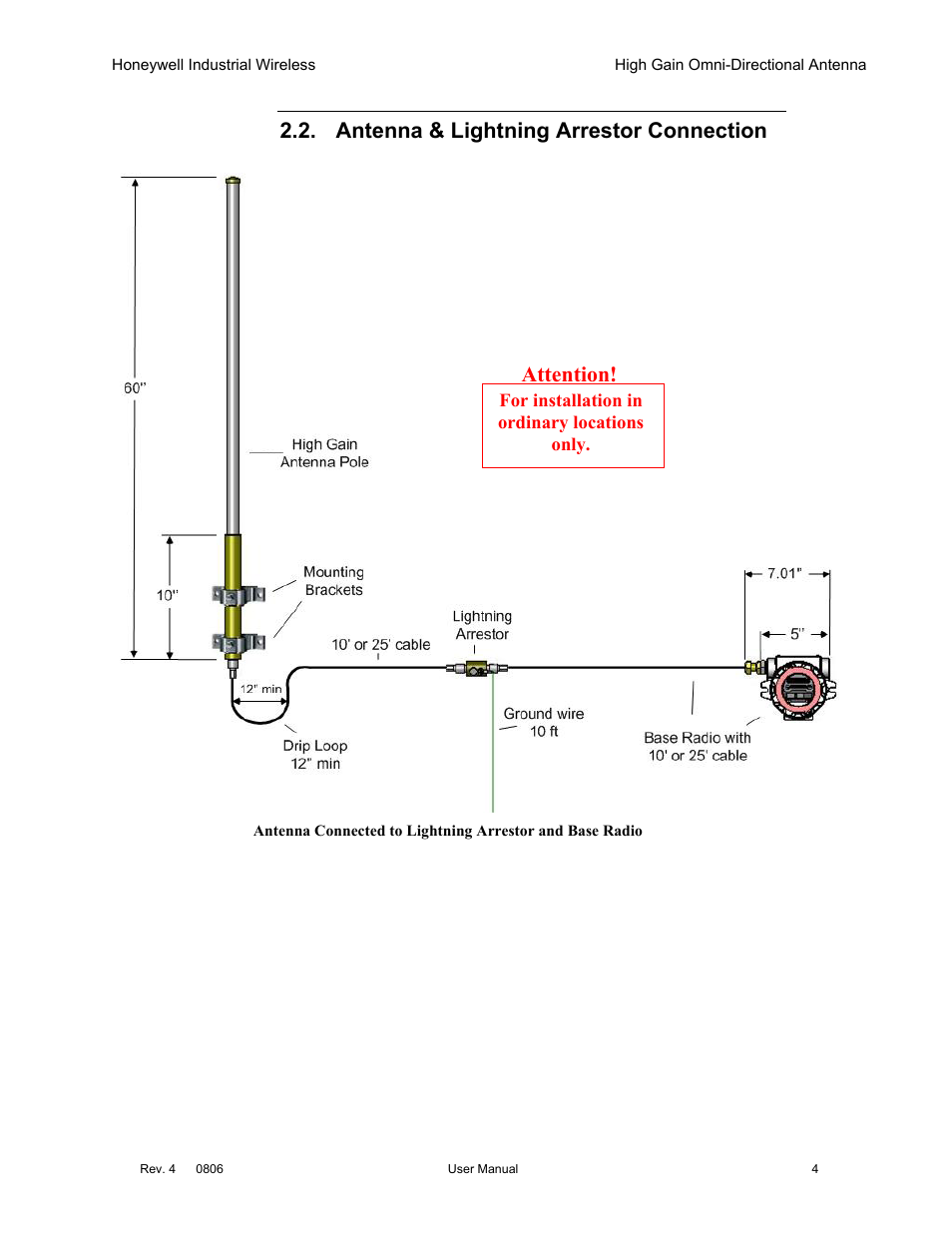 Antenna & lightning arrestor connection, Attention | Honeywell High Gain Omni Directional Antenna User Manual | Page 8 / 16