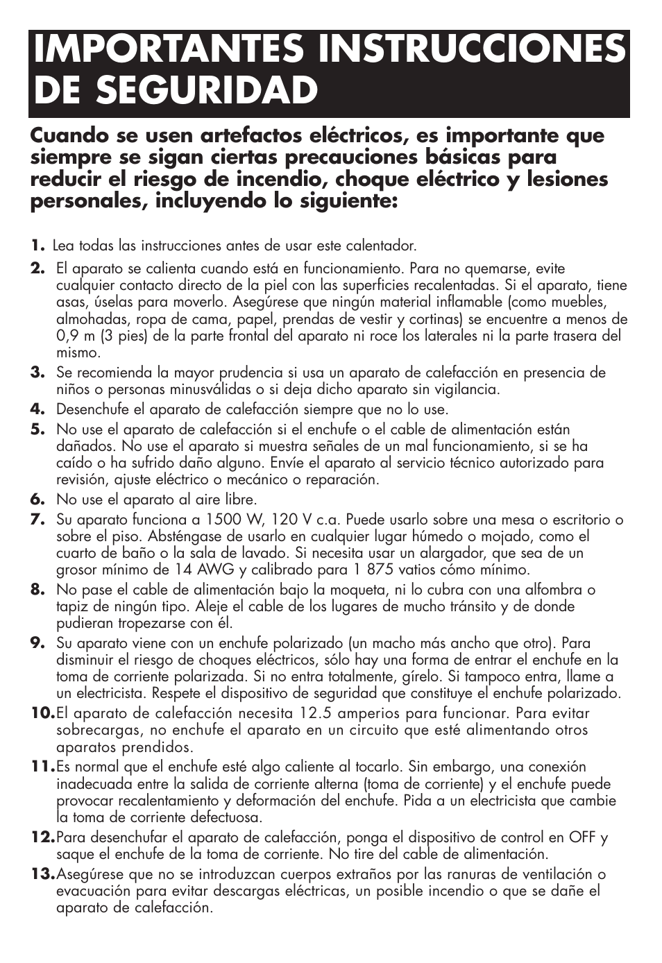 Importantes instrucciones de seguridad | Honeywell HZ-316 User Manual | Page 12 / 15