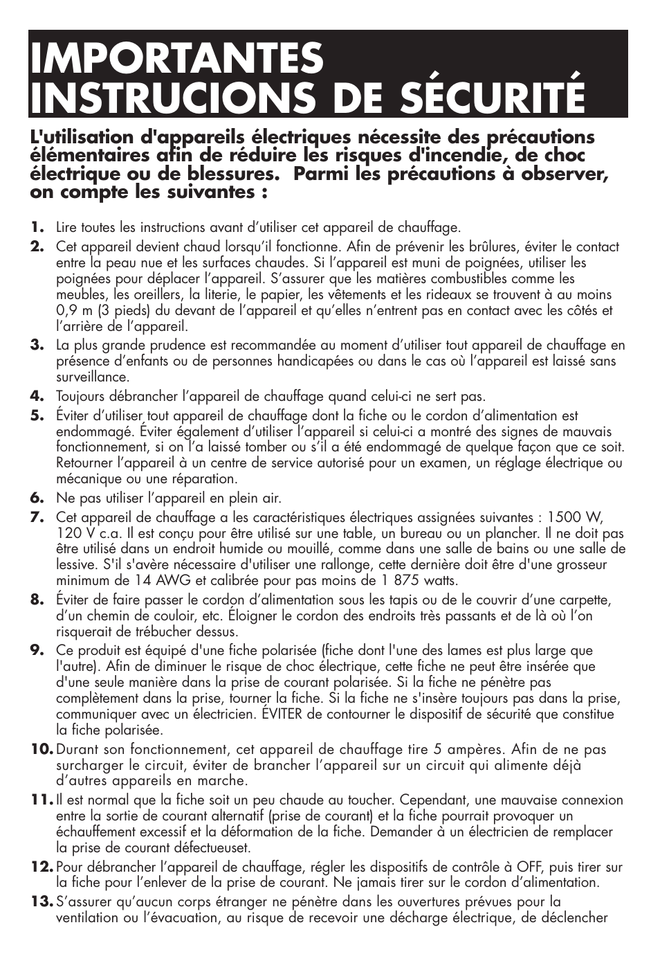 Importantes instrucions de sécurité | Honeywell HZ-316 User Manual | Page 7 / 15