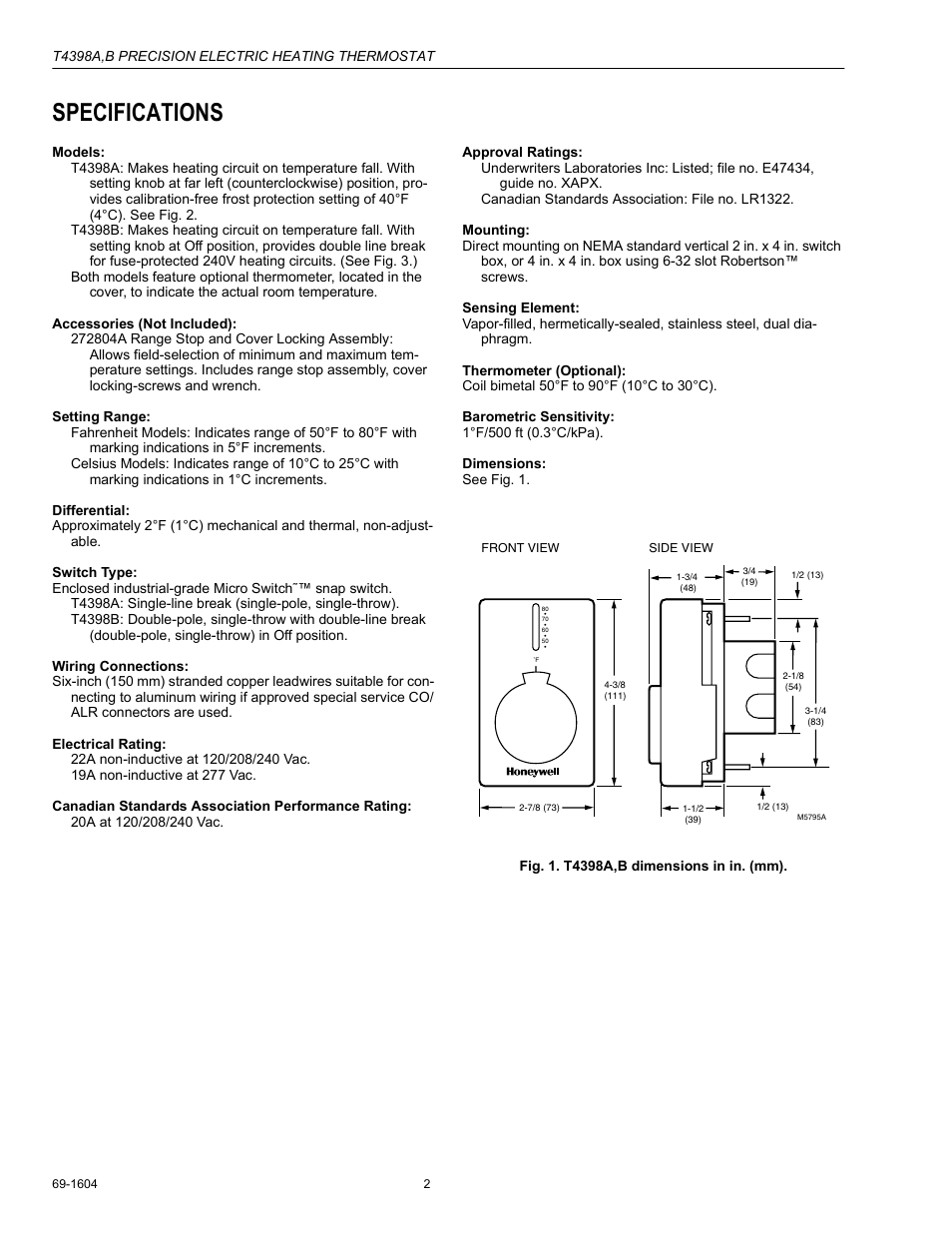 Specifications | Honeywell T4398B User Manual | Page 2 / 8