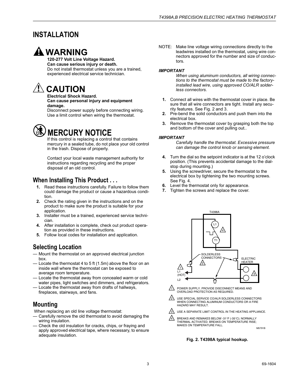 Installation, When installing this product, Selecting location | Mounting, Warning, Caution, Mercury notice | Honeywell T4398B User Manual | Page 3 / 8