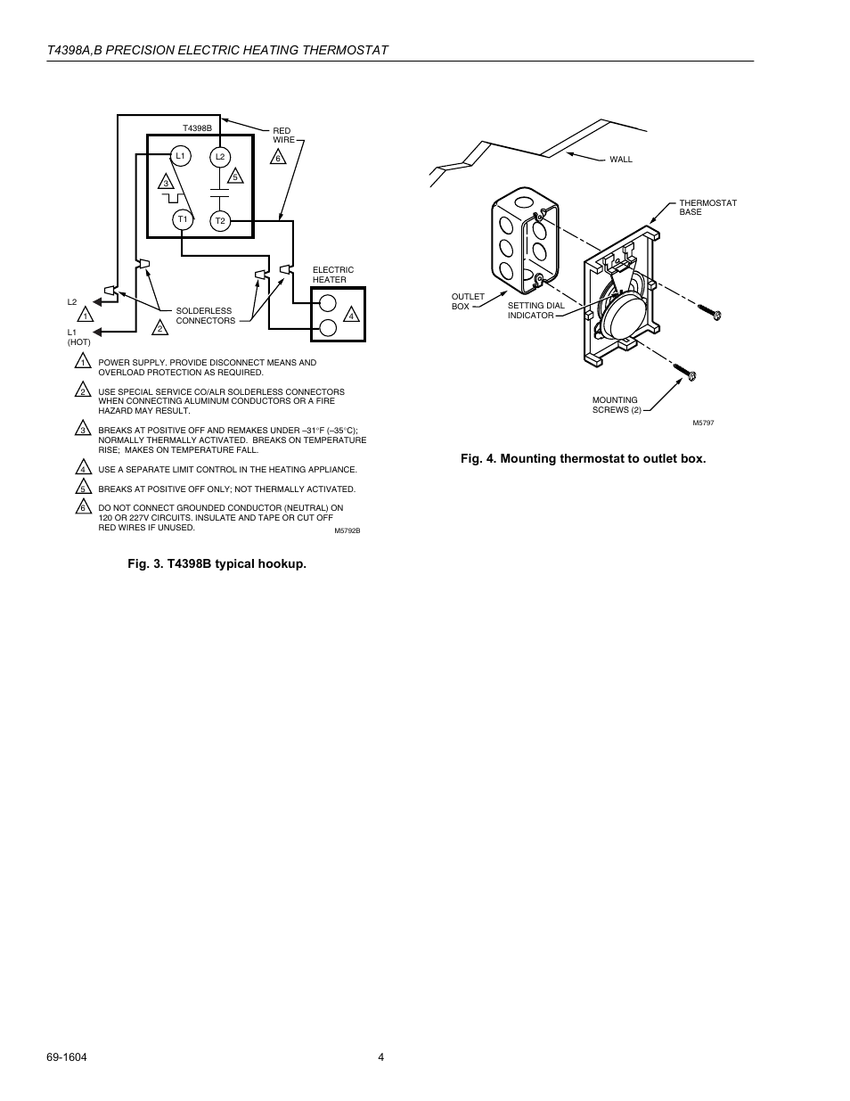 T4398a,b precision electric heating thermostat | Honeywell T4398B User Manual | Page 4 / 8