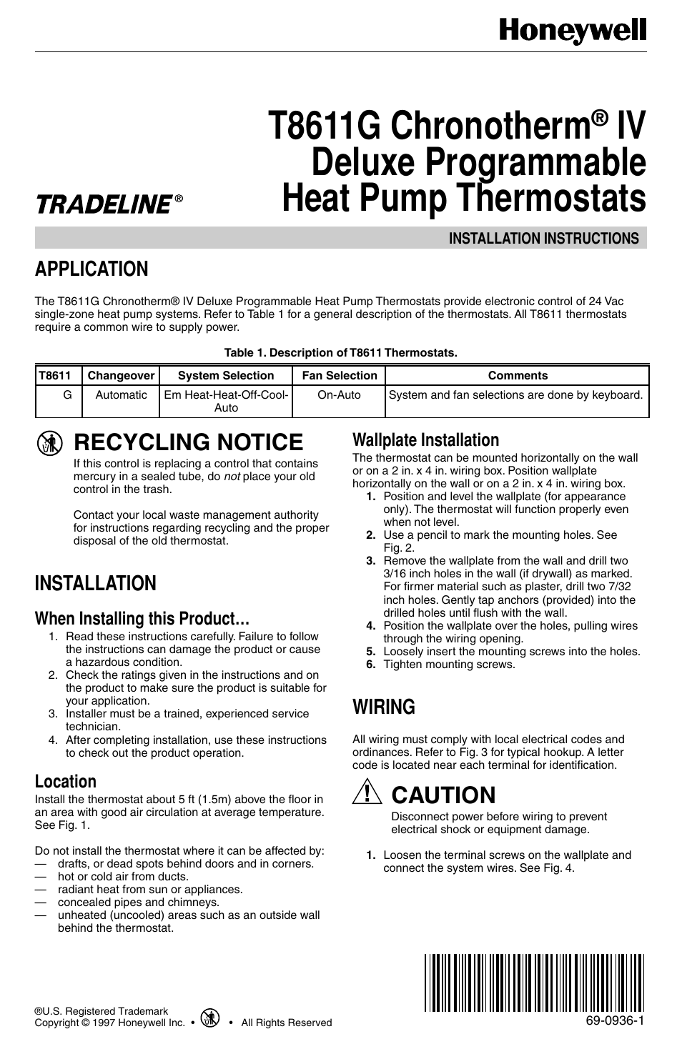 Honeywell Chronotherm IV T8611G User Manual | 12 pages