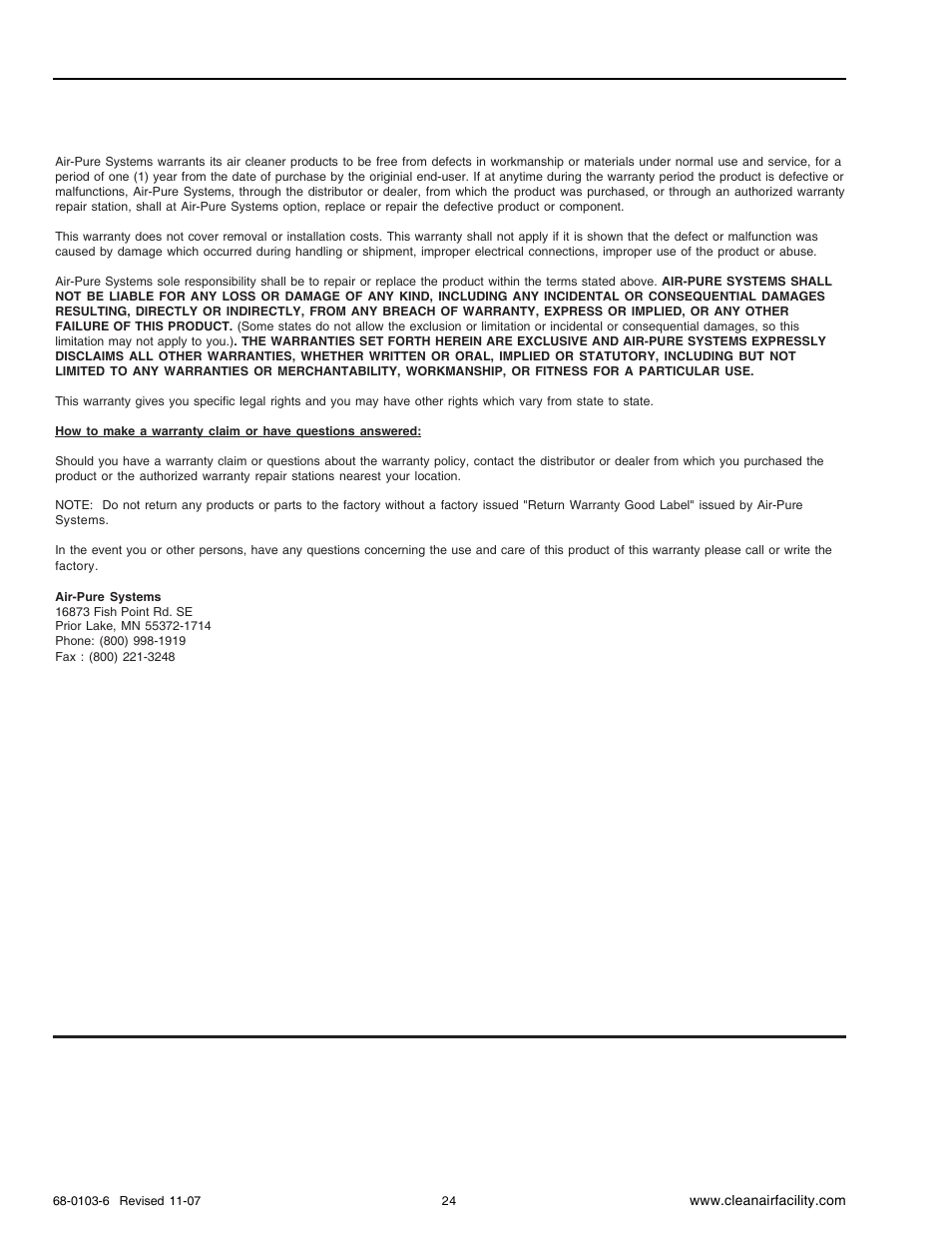 Limited one-year warranty | Honeywell F90B User Manual | Page 24 / 24