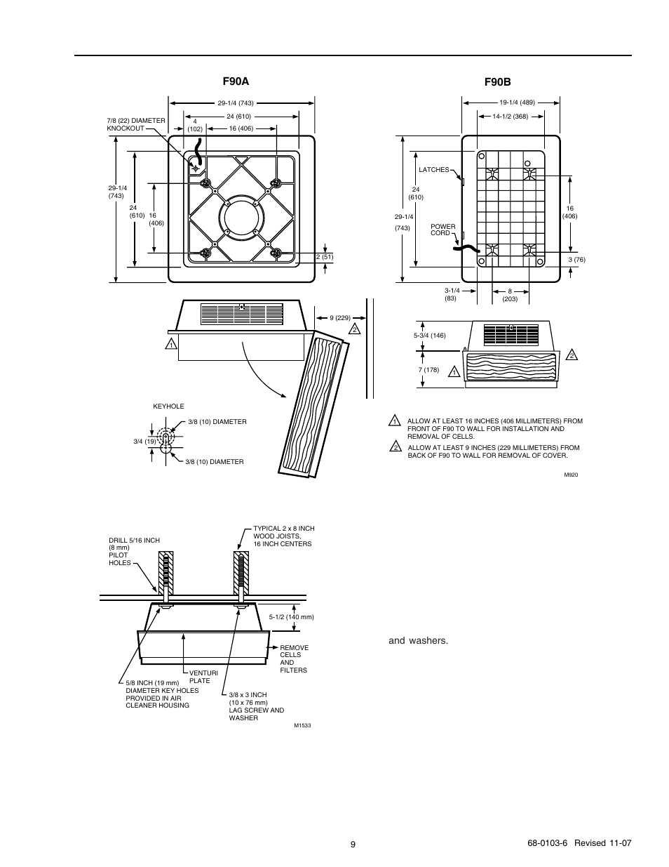 Mounting the f90 using threaded steel rod, F90b, F90a | Fig. 7. f90 installation dimensions in in. (mm) | Honeywell F90B User Manual | Page 9 / 24