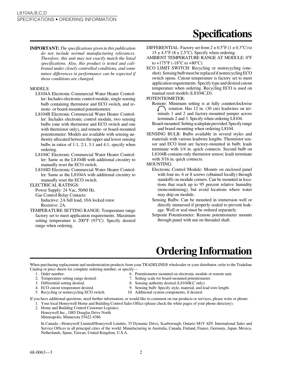 Specifications, Ordering information | Honeywell L8104B User Manual | Page 2 / 20