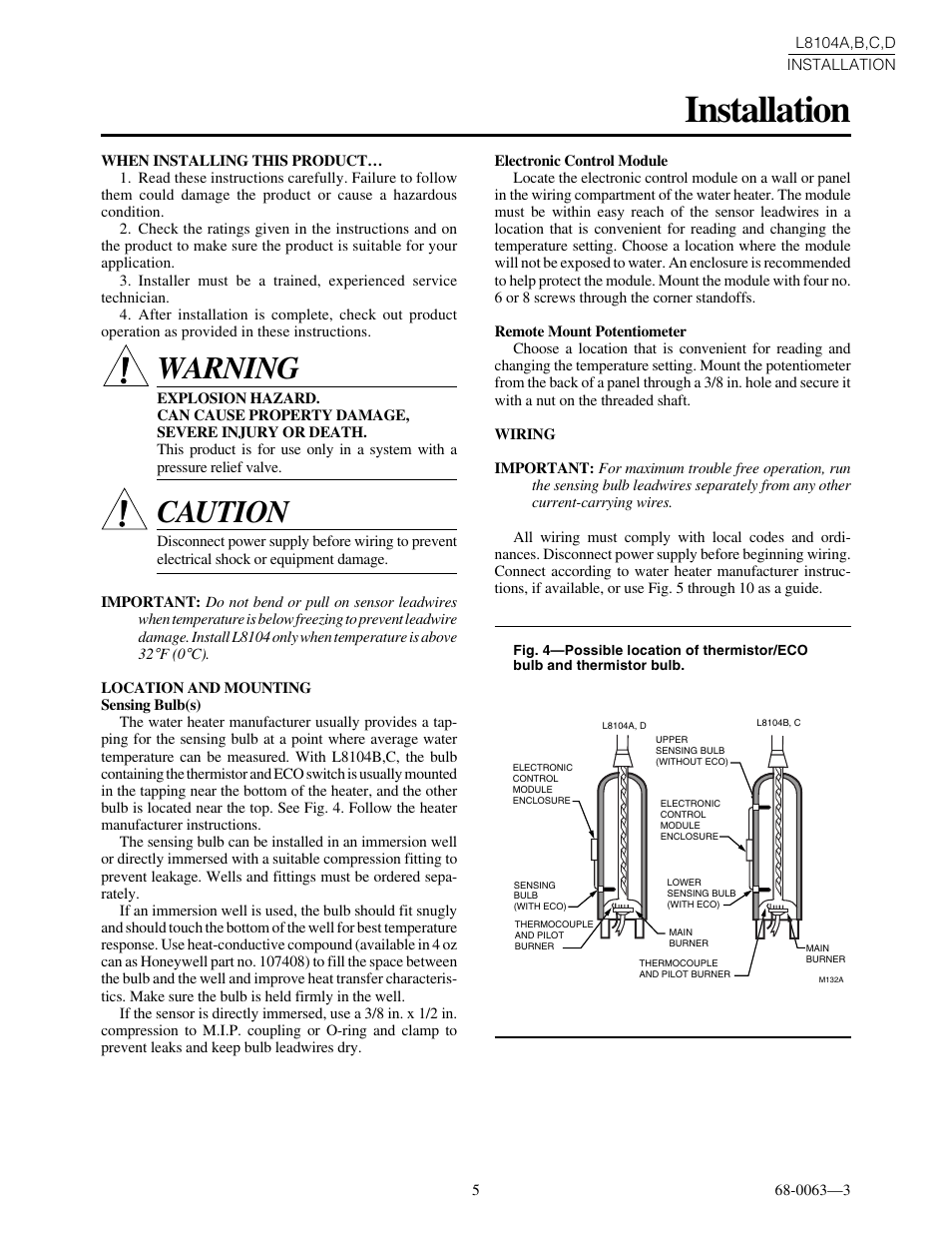 Installation, Warning, Caution | Honeywell L8104B User Manual | Page 5 / 20