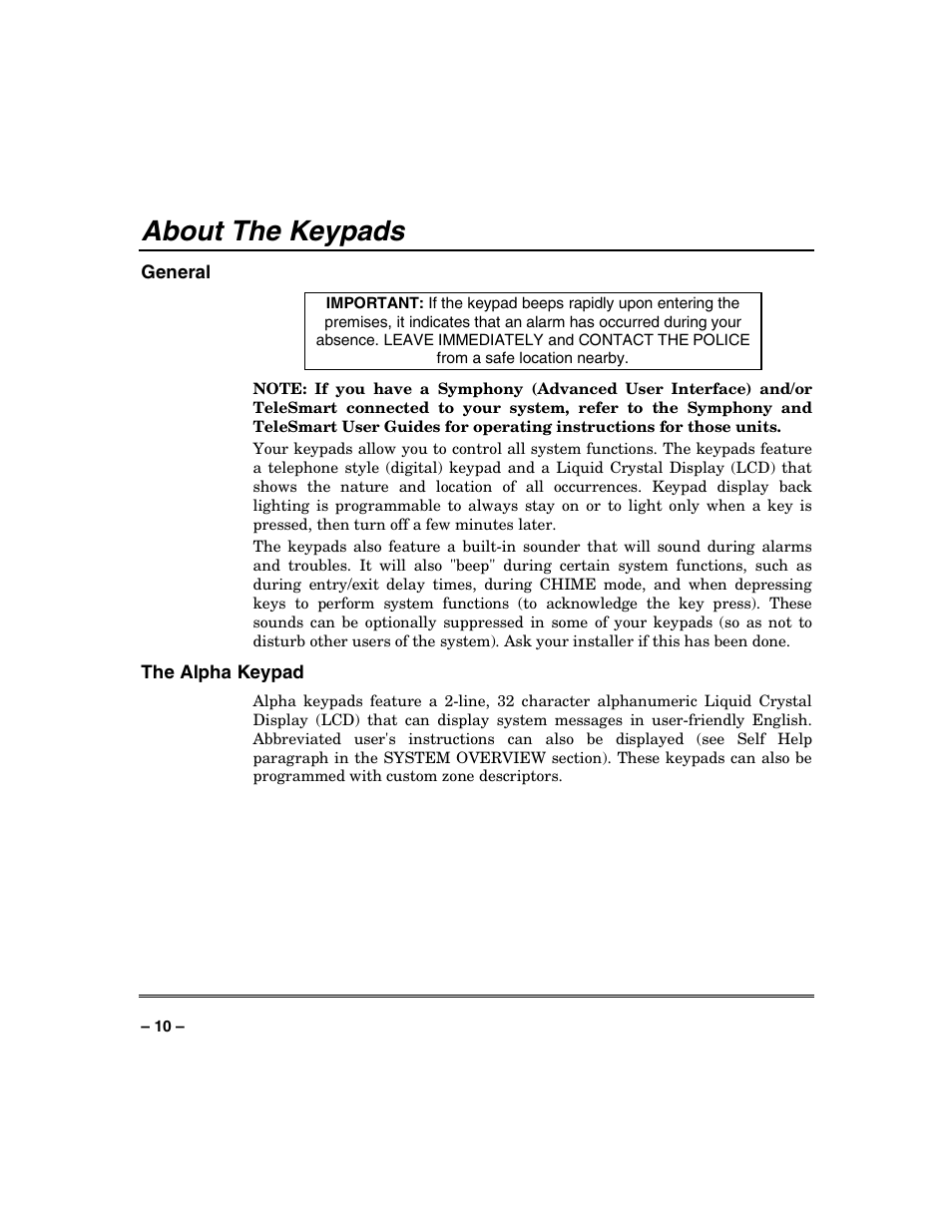 About the keypads | Honeywell VISTA-128BP User Manual | Page 10 / 80