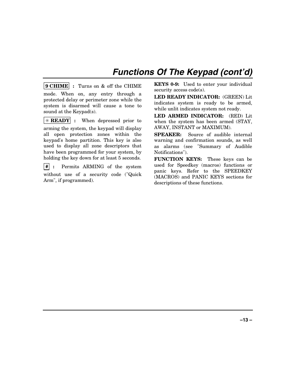 Functions of the keypad (cont’d) | Honeywell VISTA-128BP User Manual | Page 13 / 80