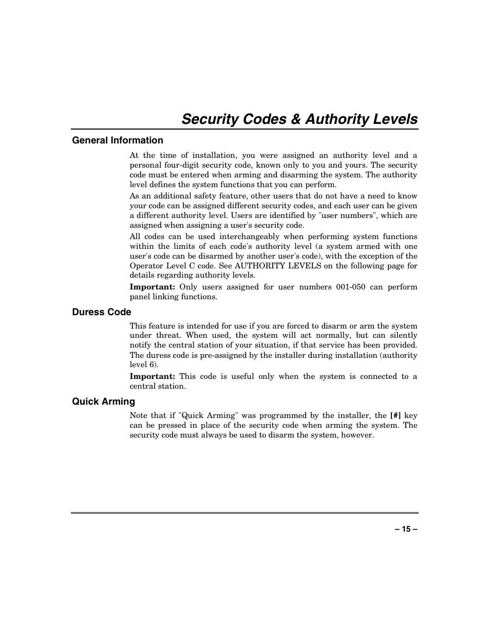 Security codes & authority levels | Honeywell VISTA-128BP User Manual | Page 15 / 80
