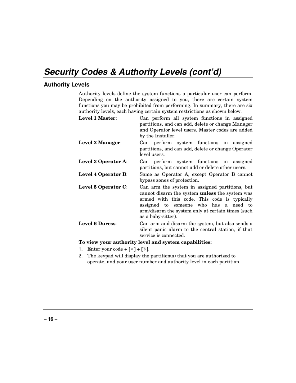 Security codes & authority levels (cont’d) | Honeywell VISTA-128BP User Manual | Page 16 / 80
