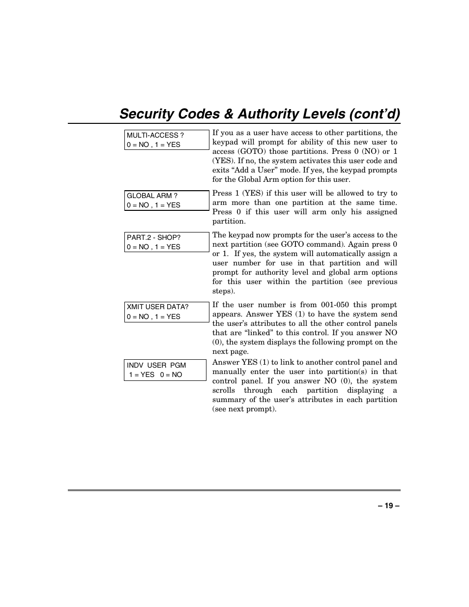 Security codes & authority levels (cont’d) | Honeywell VISTA-128BP User Manual | Page 19 / 80