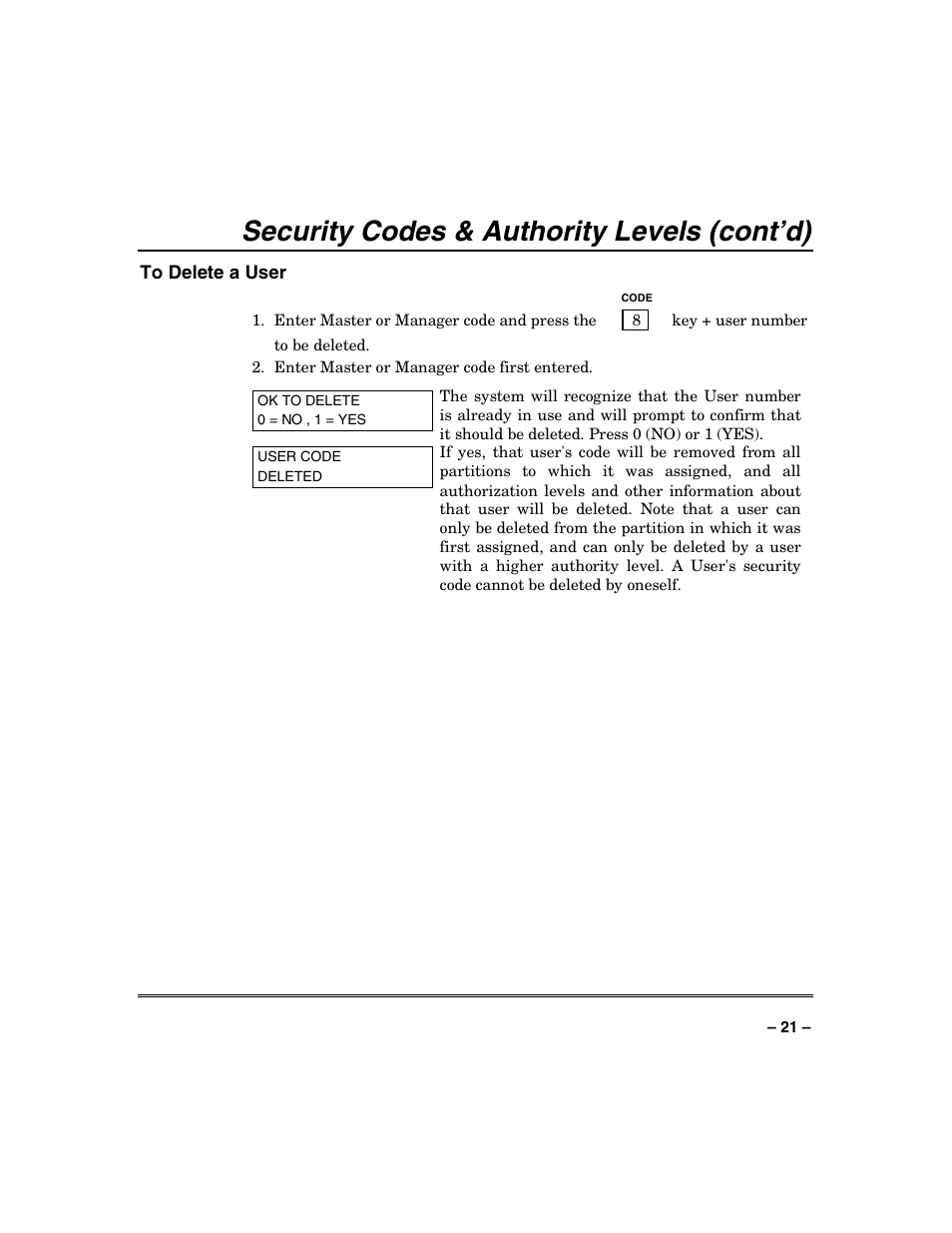 Security codes & authority levels (cont’d) | Honeywell VISTA-128BP User Manual | Page 21 / 80