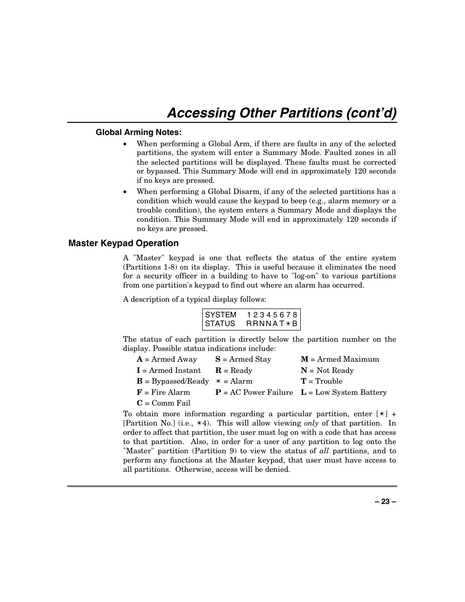 Accessing other partitions (cont’d) | Honeywell VISTA-128BP User Manual | Page 23 / 80