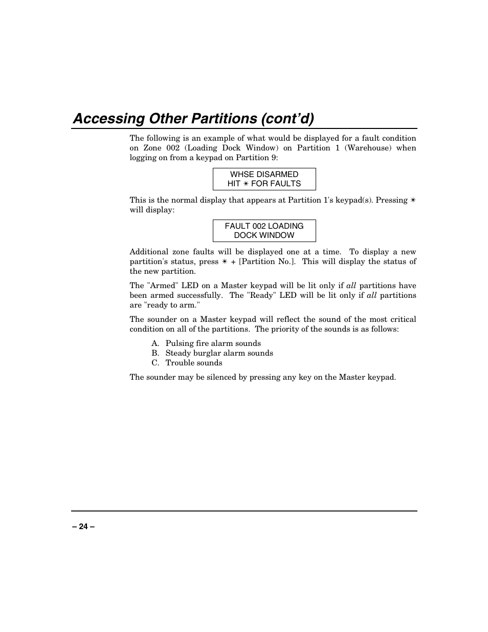 Accessing other partitions (cont’d) | Honeywell VISTA-128BP User Manual | Page 24 / 80