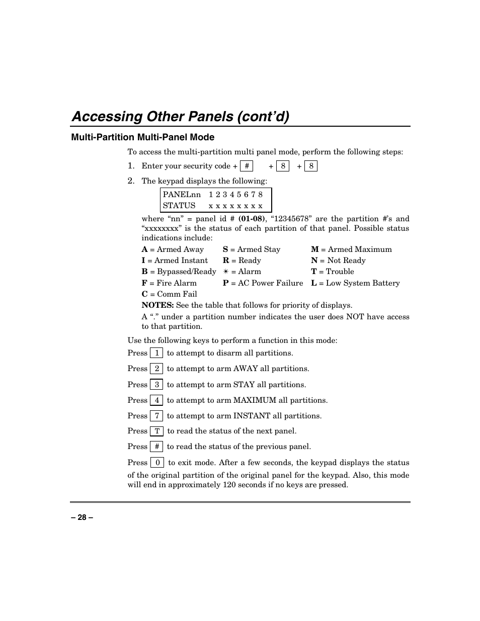 Accessing other panels (cont’d) | Honeywell VISTA-128BP User Manual | Page 28 / 80