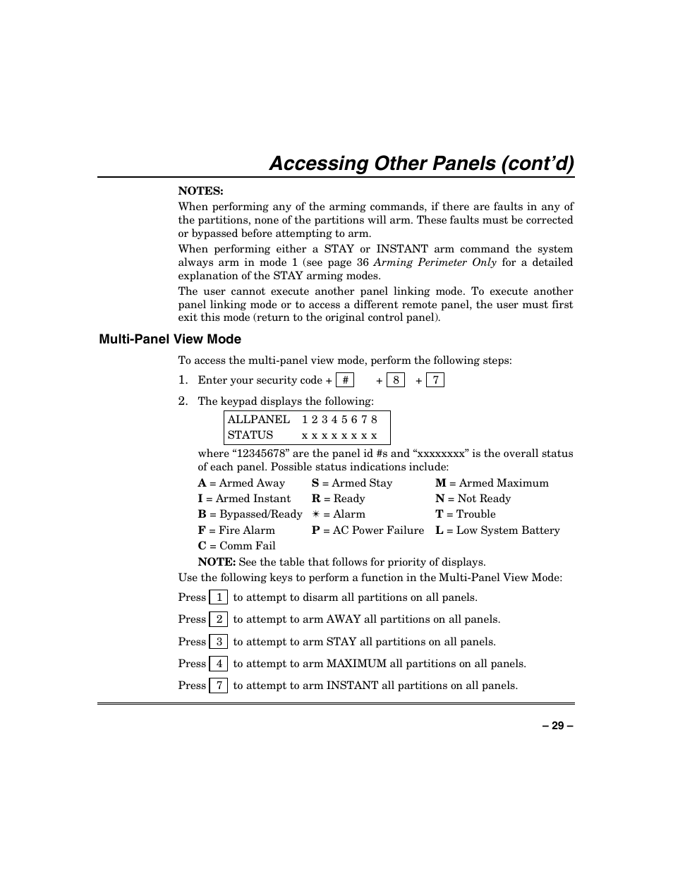 Accessing other panels (cont’d) | Honeywell VISTA-128BP User Manual | Page 29 / 80