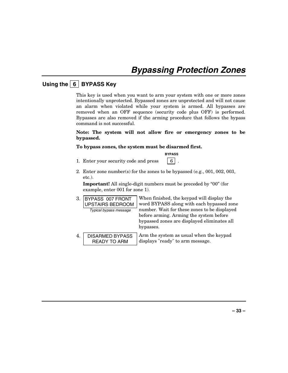 Bypassing protection zones | Honeywell VISTA-128BP User Manual | Page 33 / 80