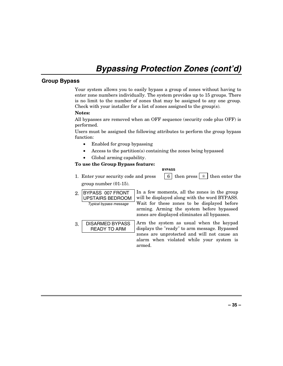 Bypassing protection zones (cont’d) | Honeywell VISTA-128BP User Manual | Page 35 / 80