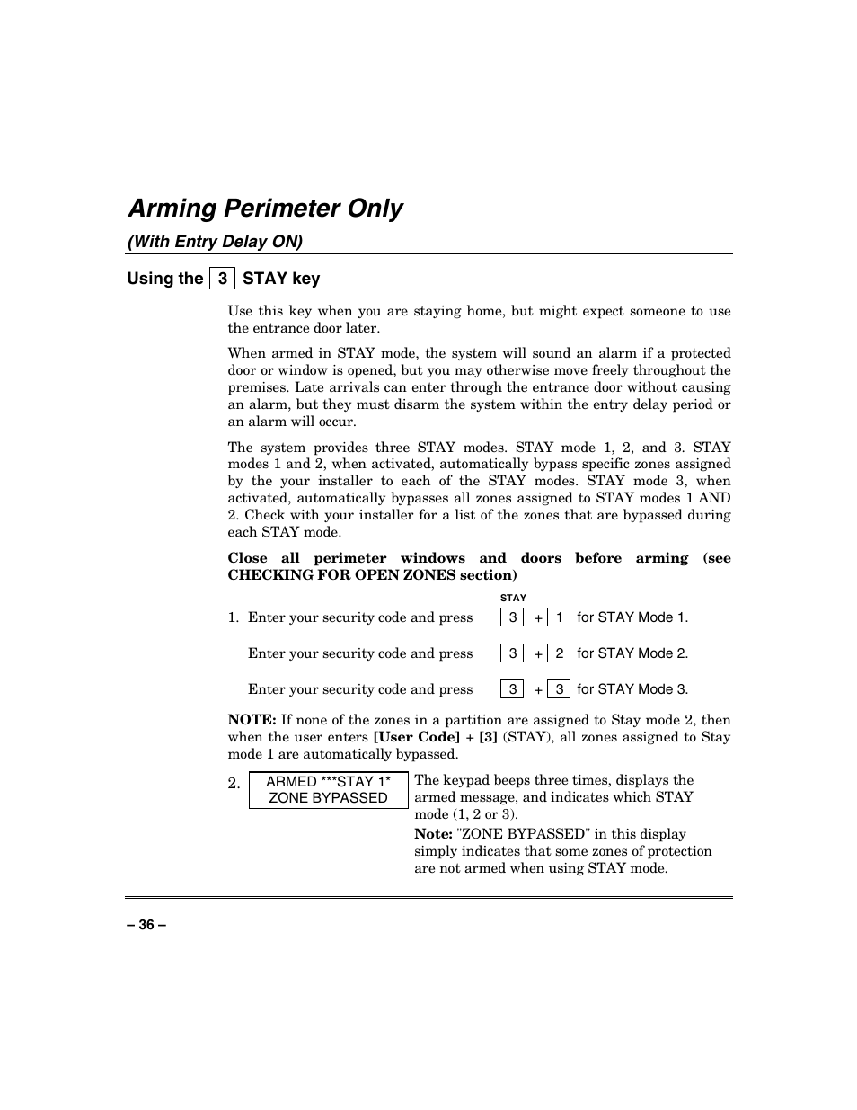 Arming perimeter only, With entry delay on) | Honeywell VISTA-128BP User Manual | Page 36 / 80