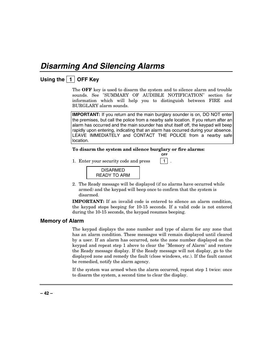 Disarming and silencing alarms | Honeywell VISTA-128BP User Manual | Page 42 / 80