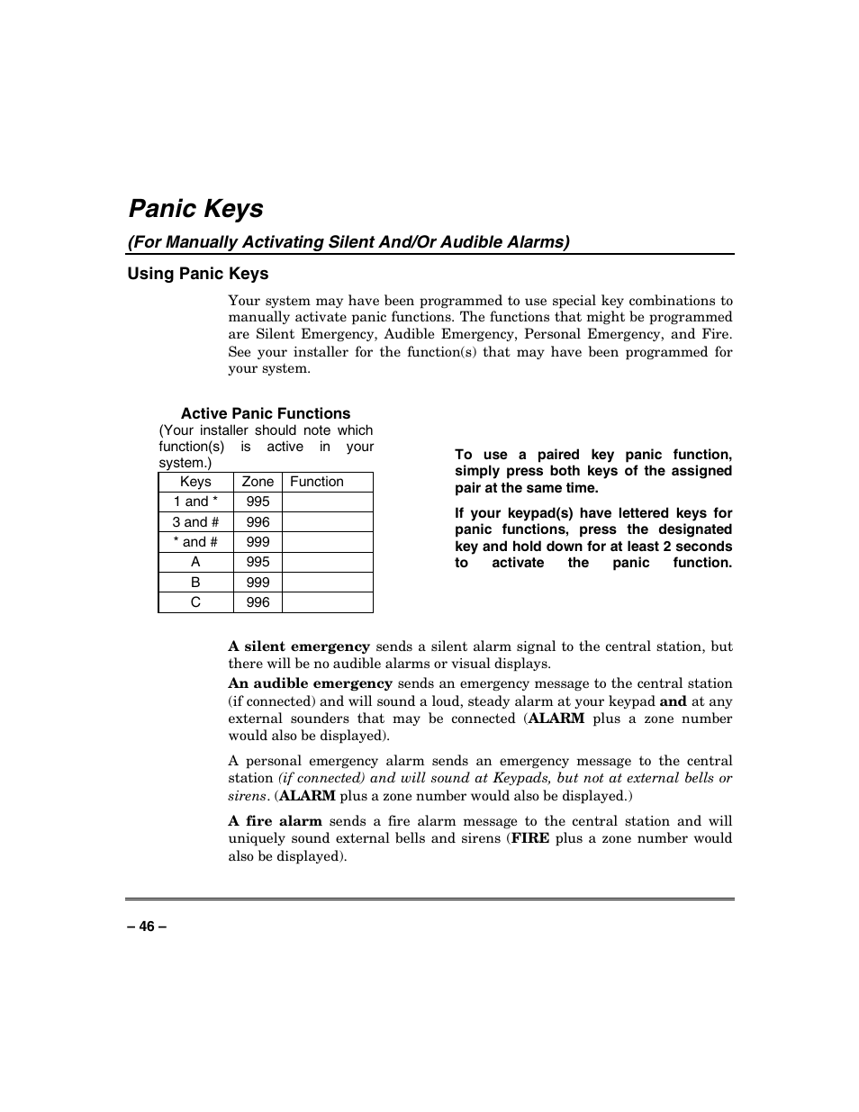 Panic keys | Honeywell VISTA-128BP User Manual | Page 46 / 80