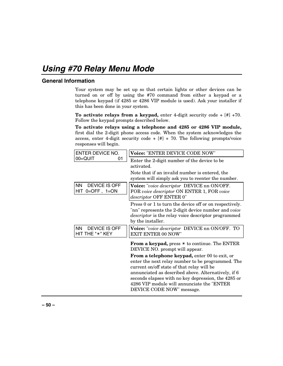 Using #70 relay menu mode | Honeywell VISTA-128BP User Manual | Page 50 / 80