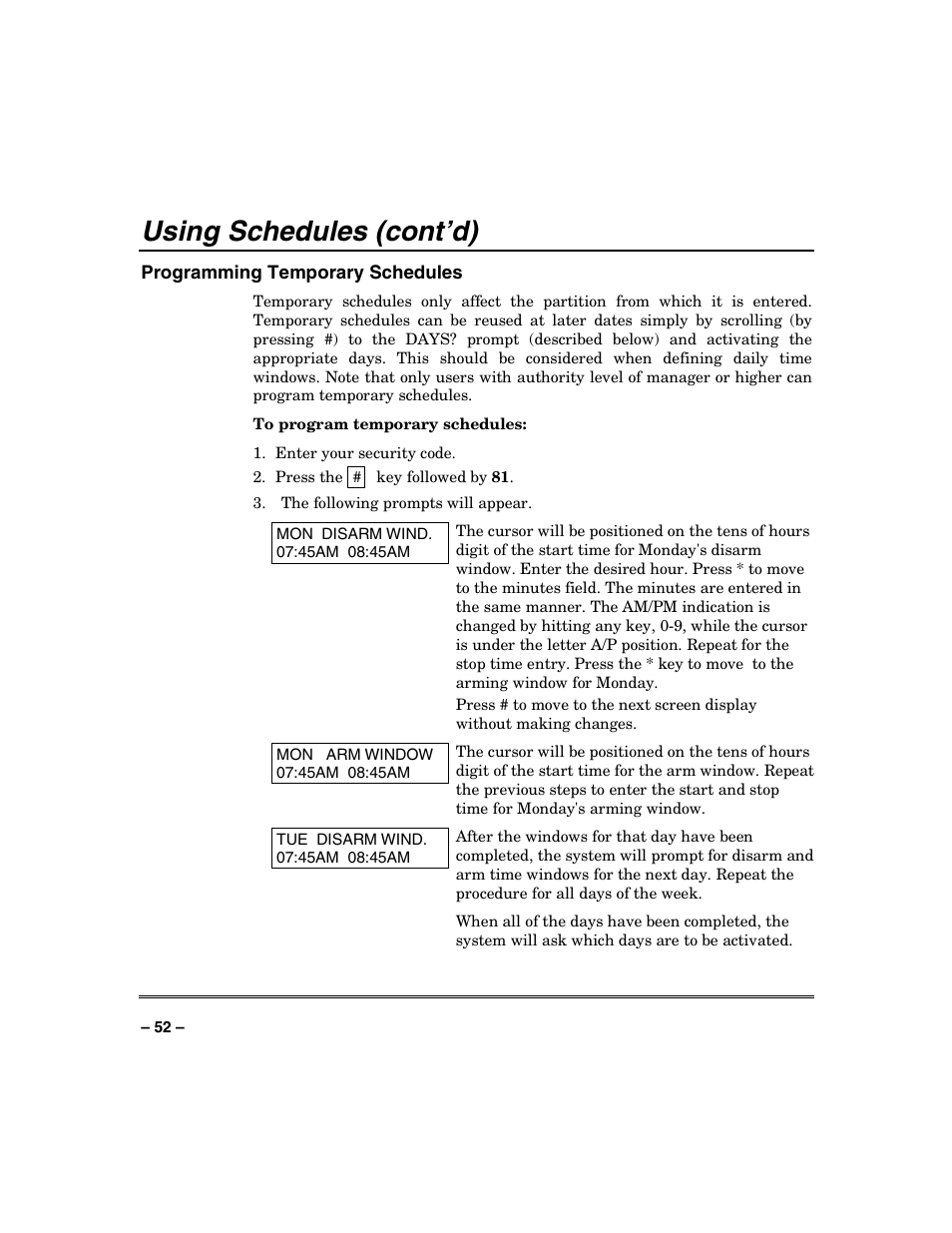 Using schedules (cont’d) | Honeywell VISTA-128BP User Manual | Page 52 / 80