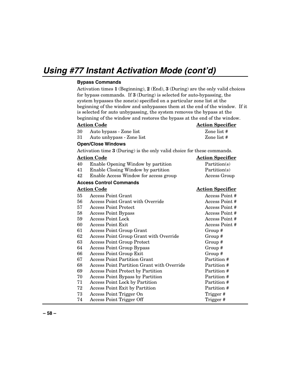 Using #77 instant activation mode (cont’d) | Honeywell VISTA-128BP User Manual | Page 58 / 80