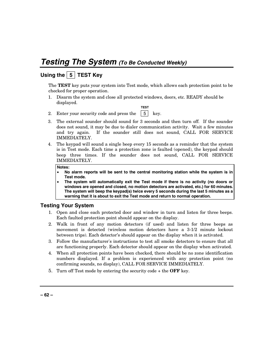 Testing the system | Honeywell VISTA-128BP User Manual | Page 62 / 80