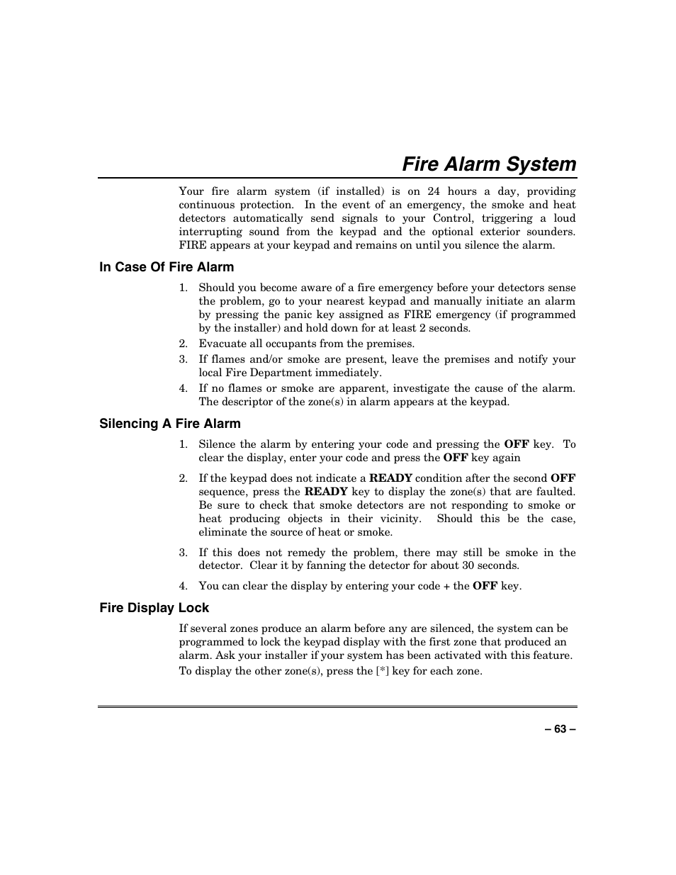 Fire alarm system | Honeywell VISTA-128BP User Manual | Page 63 / 80