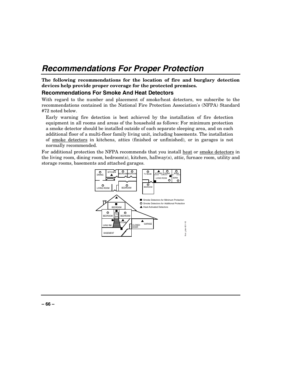 Recommendations for proper protection, Recommendations for smoke and heat detectors | Honeywell VISTA-128BP User Manual | Page 66 / 80