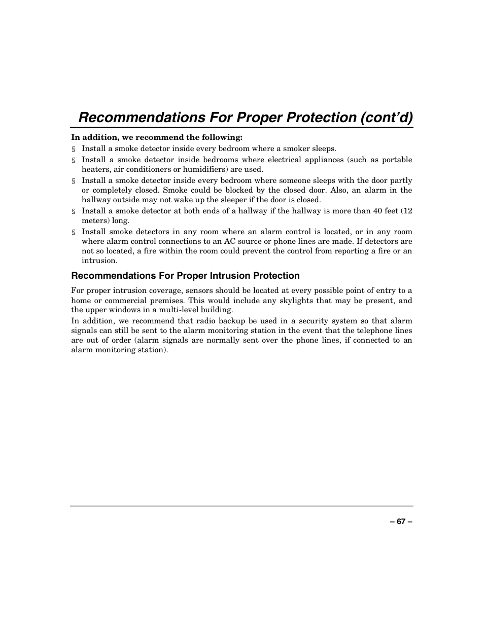 Recommendations for proper protection (cont’d) | Honeywell VISTA-128BP User Manual | Page 67 / 80