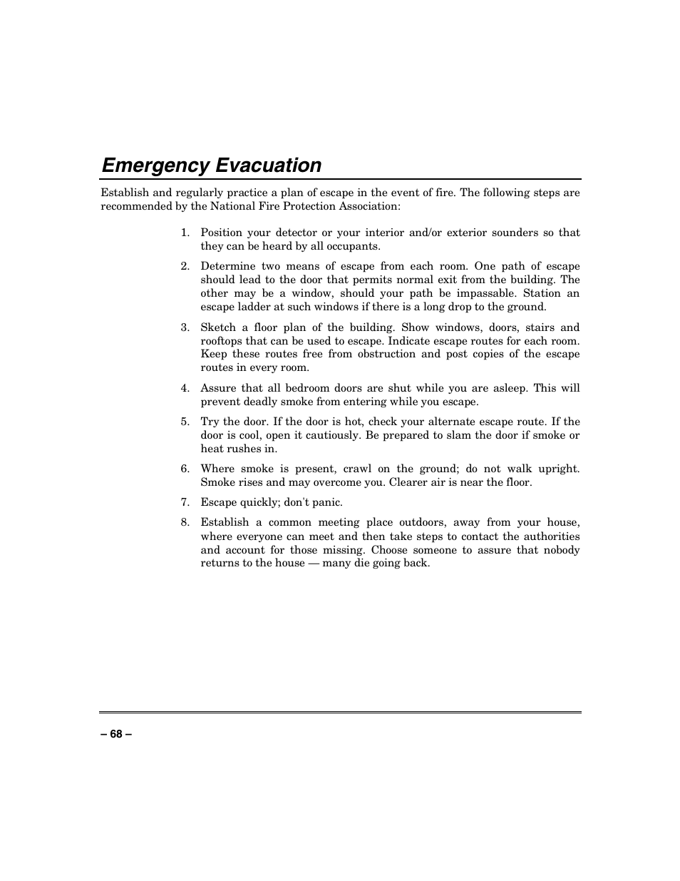 Emergency evacuation | Honeywell VISTA-128BP User Manual | Page 68 / 80