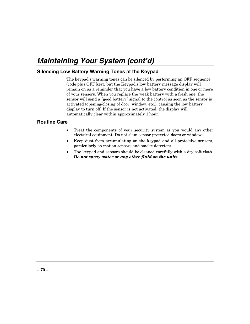 Maintaining your system (cont’d) | Honeywell VISTA-128BP User Manual | Page 70 / 80