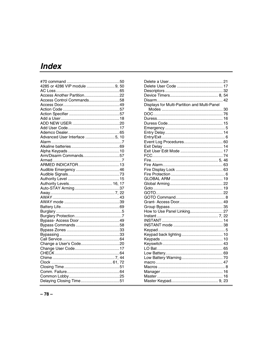 Index | Honeywell VISTA-128BP User Manual | Page 78 / 80