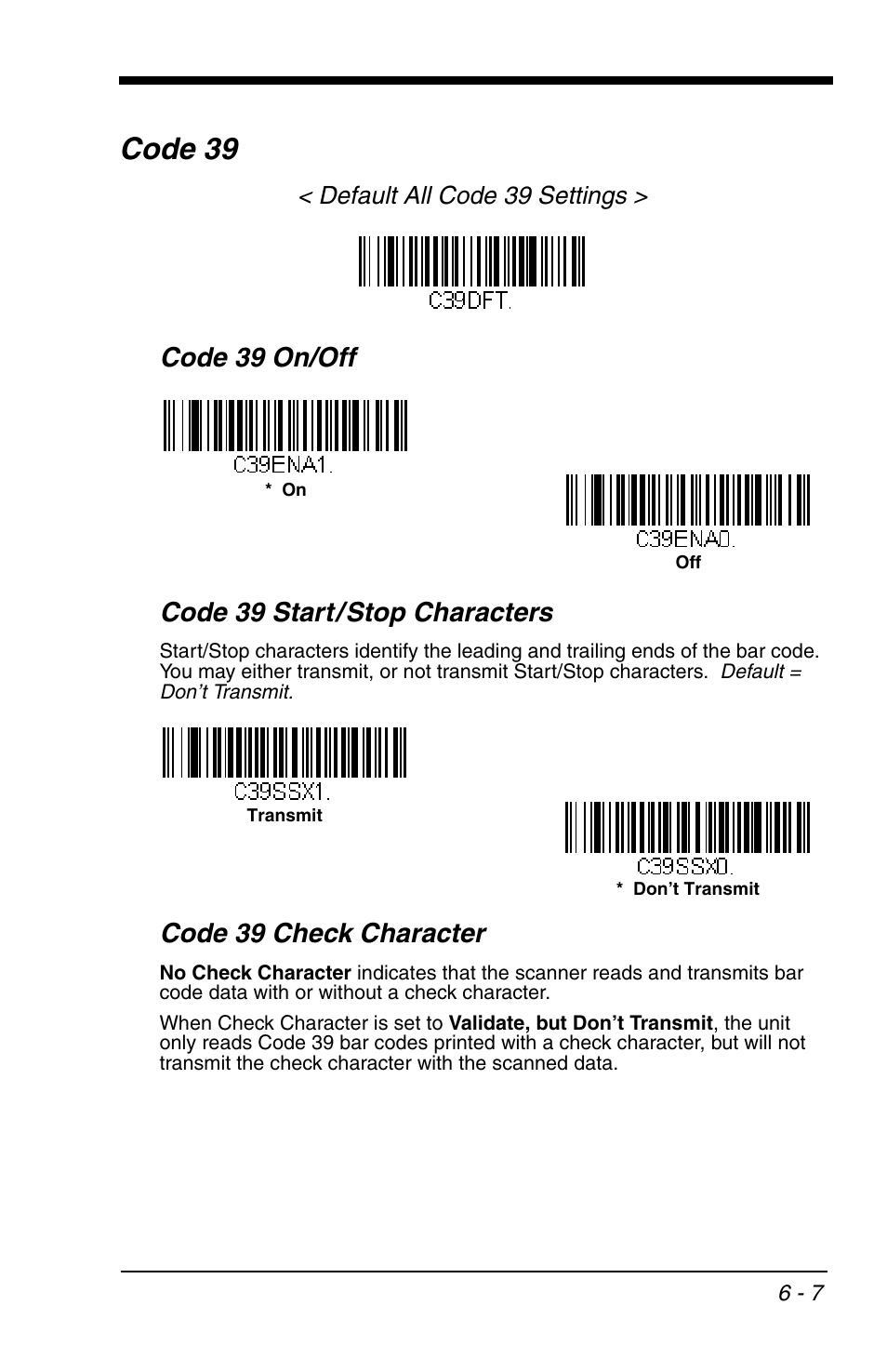 Code 39, Code 39 -7, Code 39 on/off code 39 start/stop characters | Code 39 check character, Default all code 39 settings | Honeywell VOYAGER 1200G User Manual | Page 101 / 238