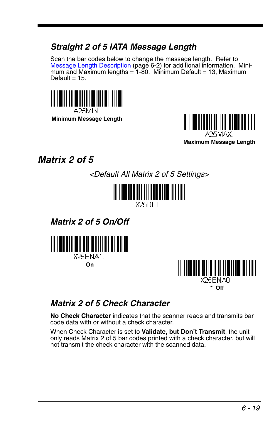 Matrix 2 of 5, Matrix 2 of 5 -19, Straight 2 of 5 iata message length | Matrix 2 of 5 on/off matrix 2 of 5 check character, Default all matrix 2 of 5 settings | Honeywell VOYAGER 1200G User Manual | Page 113 / 238