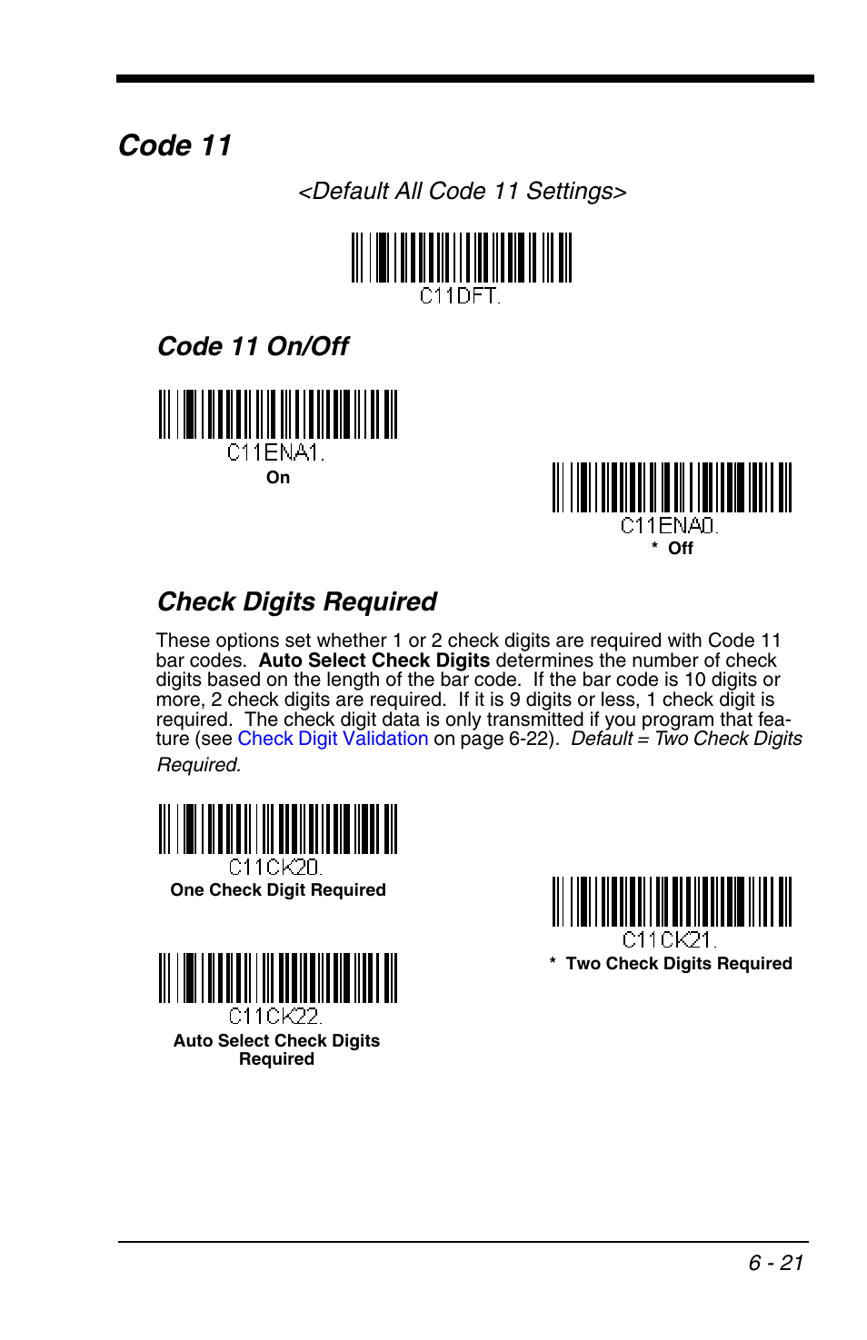 Code 11, Code 11 -21, Code 11 on/off check digits required | Default all code 11 settings | Honeywell VOYAGER 1200G User Manual | Page 115 / 238
