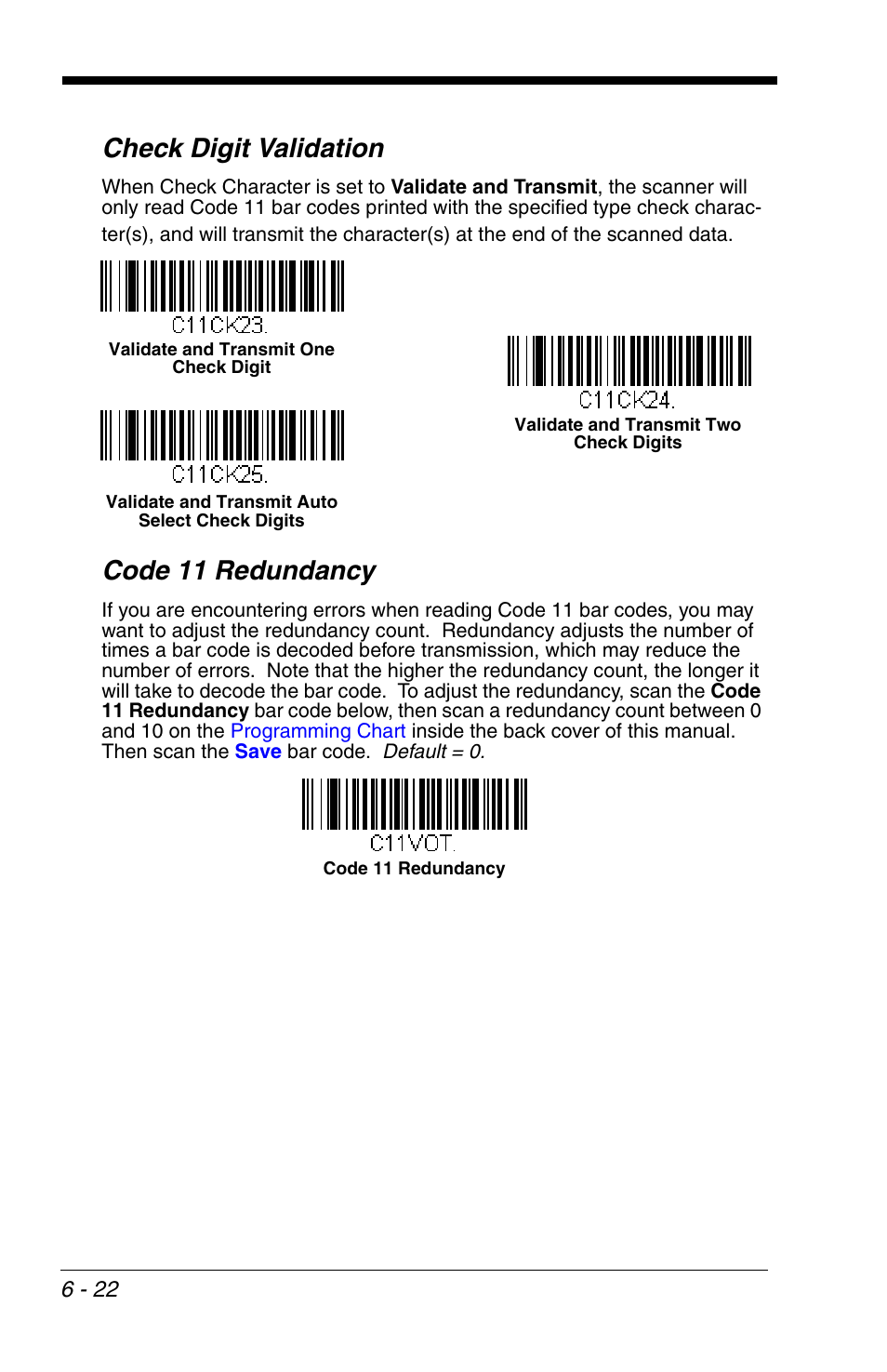Check digit validation, Code 11 redundancy | Honeywell VOYAGER 1200G User Manual | Page 116 / 238